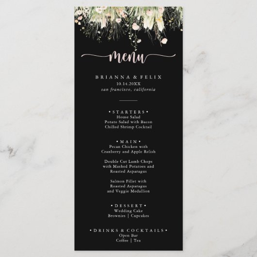 Groene Boho Wildflower Black Dinner Menu (Voorkant)
