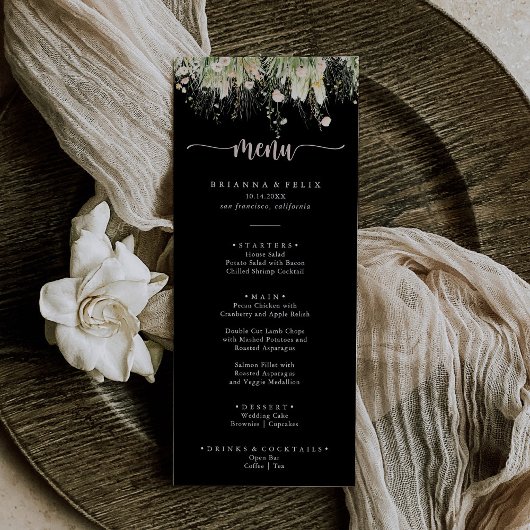 Groene Boho Wildflower Black Dinner Menu