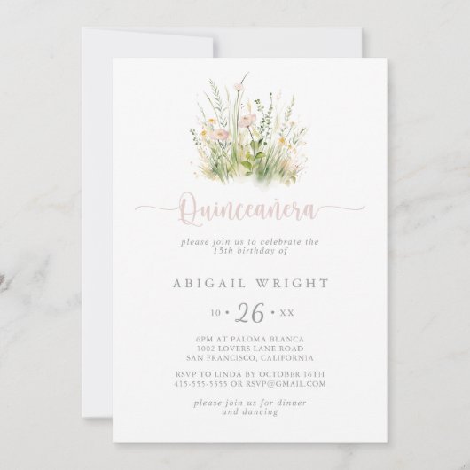 Groene Boho Wildflower Quinceañera Uitnodiging (Voorkant)