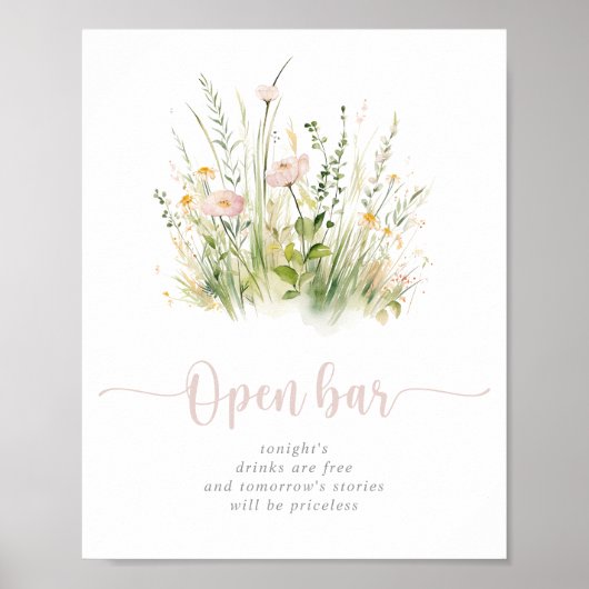Groene Boho Wildflower Trouw Open Bar Bord Poster (Voorkant)