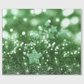 Groene Bokeh Faux Glitter & Stars Cadeaupapier (Vlak)