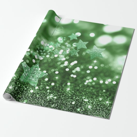 Groene Bokeh Faux Glitter & Stars Cadeaupapier (Uitgerold)