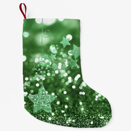 Groene Bokeh Faux Glitter & Stars Kleine Kerstsok (Voorkant)