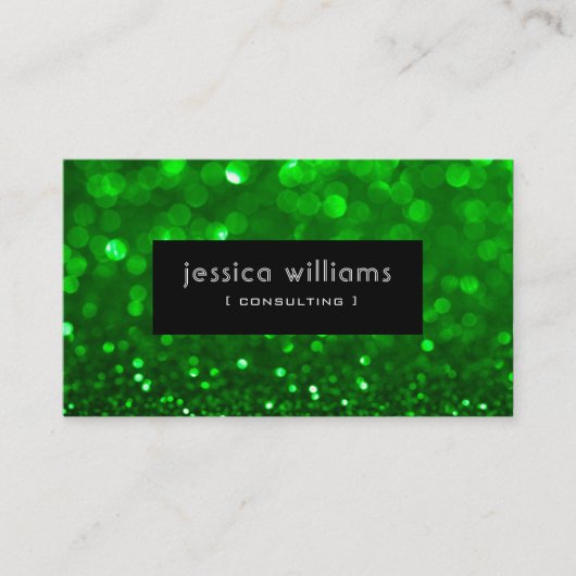 Groene Bokeh Glitter & Sparkles Zwarte Accenten Visitekaartje (Voorkant)