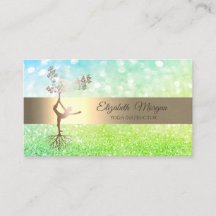 Groene Bokeh Gouden Boom Silhouet Yoga Instructeur Visitekaartje