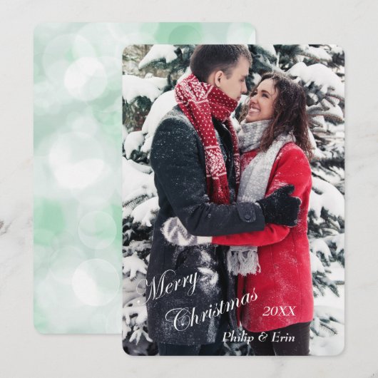 Groene Bokeh Witte Typografie Moderne Kerst Feestdagenkaart (Voorkant / Achterkant)