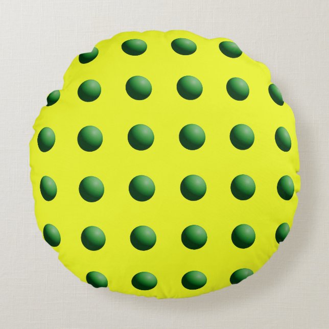 Groene bollen op geel rond kussen (Voorkant)
