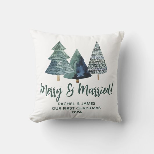 Groene Bomen Eerste Kerst Mis & Gehuwd Kussen (Voorkant)