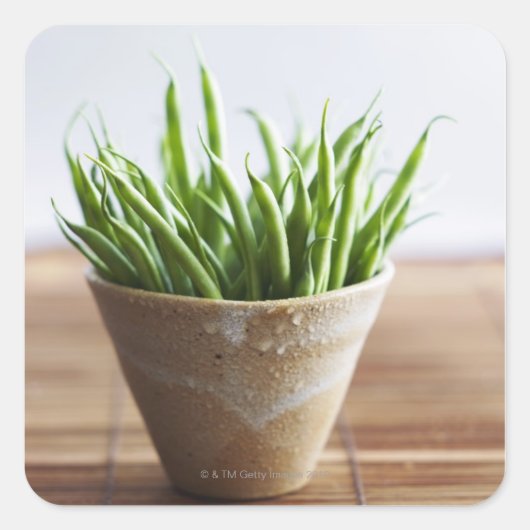 Groene bonen in pot op bamboe vierkante sticker (Voorkant)