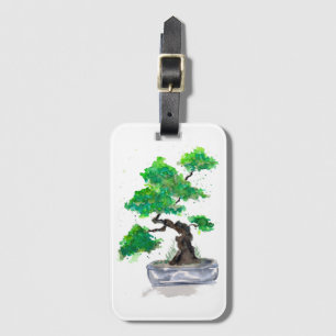 Groene Bonsai Aquarel Bagagelabel