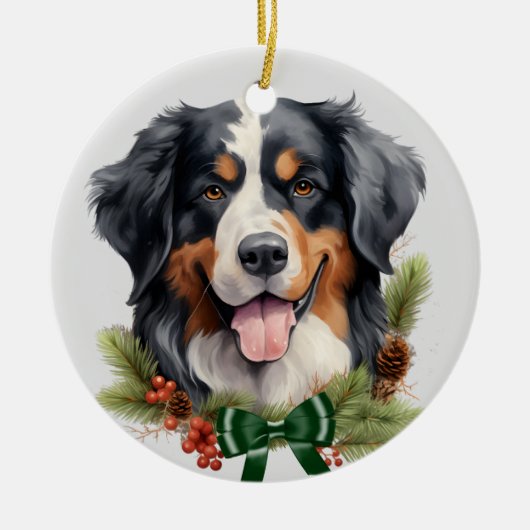Groene boog Holly krans Berner Berghond Keramisch Ornament (Voorkant)