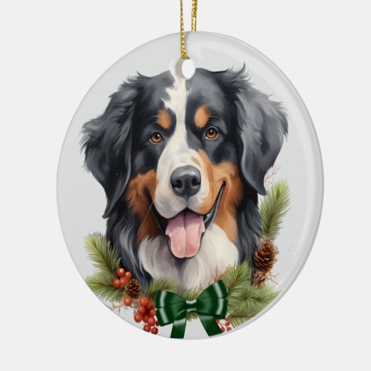 Groene boog Holly krans Berner Berghond Keramisch Ornament (Links)