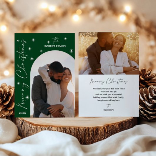 Groene boog modern script 2 foto Prettig kerstfees Feestdagenkaart
