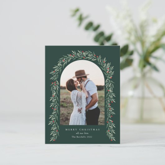 Groene boog moderne script foto Kerstmis Feestdagenkaart (Staand voorkant)