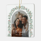 Groene Boog Moderne Script Foto Kerstmis Keramisch Ornament (Links)