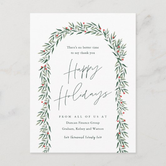 Groene Boog Moderne Script Zakelijke Kerstkaart Feestdagenkaart (Voorkant)