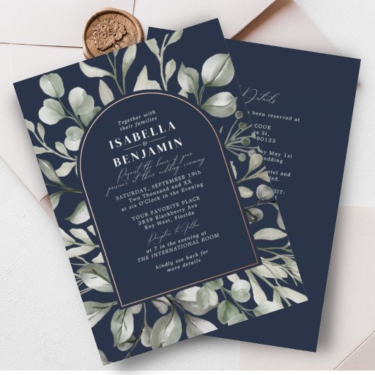 Groene Boog Navy RSVP QR Code Trouwkaart Roze Goud Folie Uitnodiging