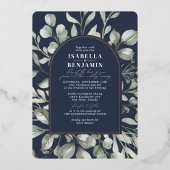 Groene Boog Navy RSVP QR Code Trouwkaart Roze Goud Folie Uitnodiging (Voorkant)