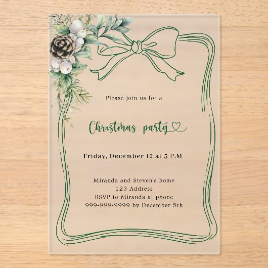 Groene boogpijnboom groen bevroren kerstfeest acryl uitnodigingen (Voorkant)