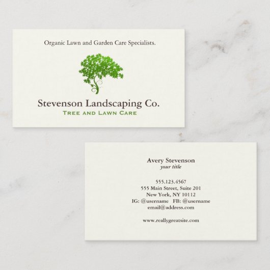 Groene Boom Logo Lawn Care Landschapsontwerper Visitekaartje (Voorkant / Achterkant)