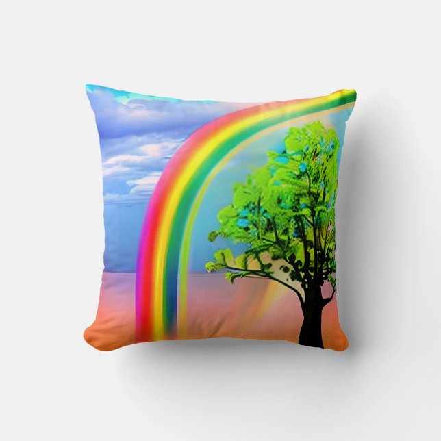 Groene boom onder een regenboog kussen (Voorkant)