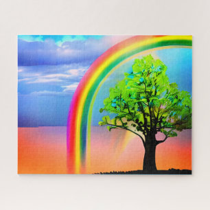 Groene boom onder een regenboog legpuzzel