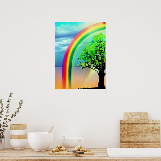 Groene boom onder een regenboog poster (Keuken)