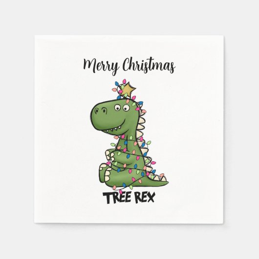 Groene boom Rex Dino-lampjes Merry-kerstpapier Servet (Voorkant)