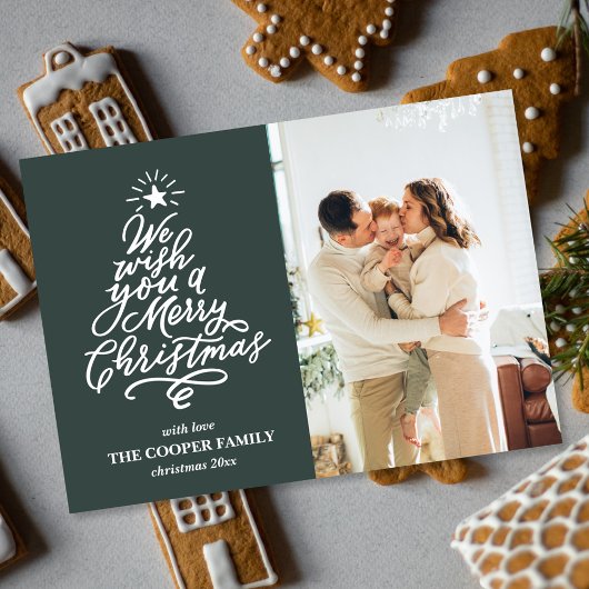 Groene Boom Vrolijk Kerstfeest Familie Foto Feestdagenkaart