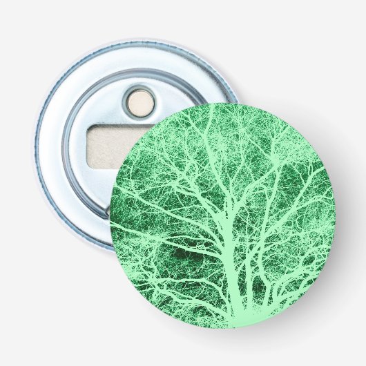 Groene boomsilhouet button flesopener (Voorkant)