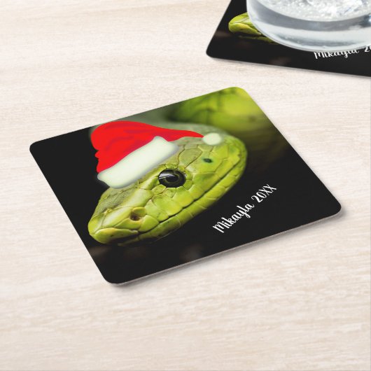Groene boomslang in Santa Hat Kartonnen Onderzetters (Schuin)