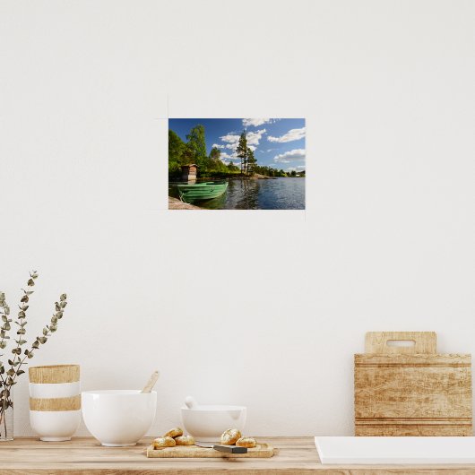 Groene boot in een fjord in Noorse poster (Keuken)