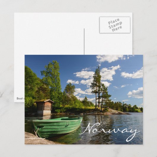 Groene boot in een fjord in Noorwegen sms-briefkaa Briefkaart (Voorkant / Achterkant)