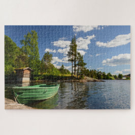 Groene boot in een fjord-landschap in Noorwegen Legpuzzel