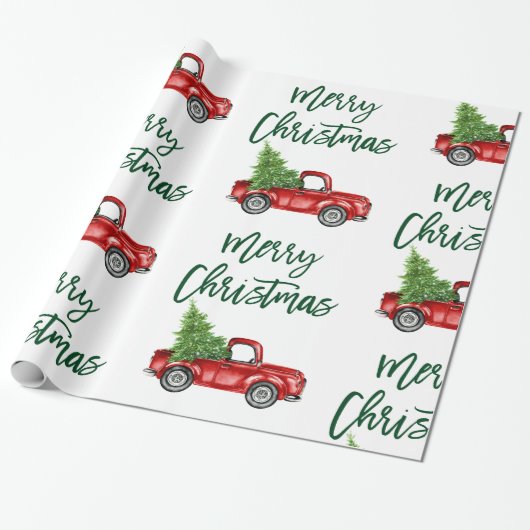 Groene Borstel Script Kerst  Truck Cadeaupapier (Uitgerold)