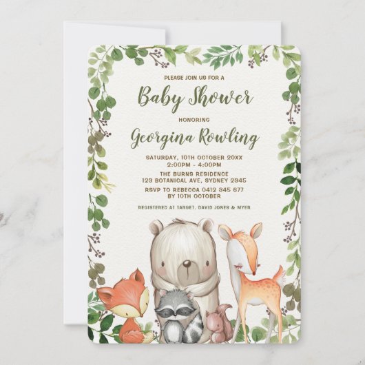 Groene bos bosdieren baby shower kaart (Voorkant)