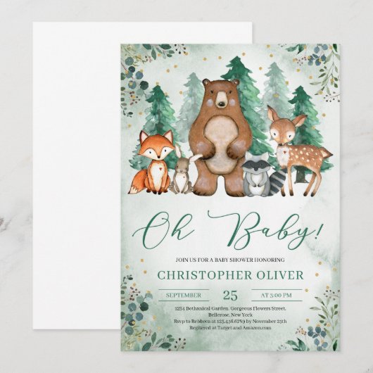 Groene bos bosdieren goud oh baby kaart (Voorkant / Achterkant)