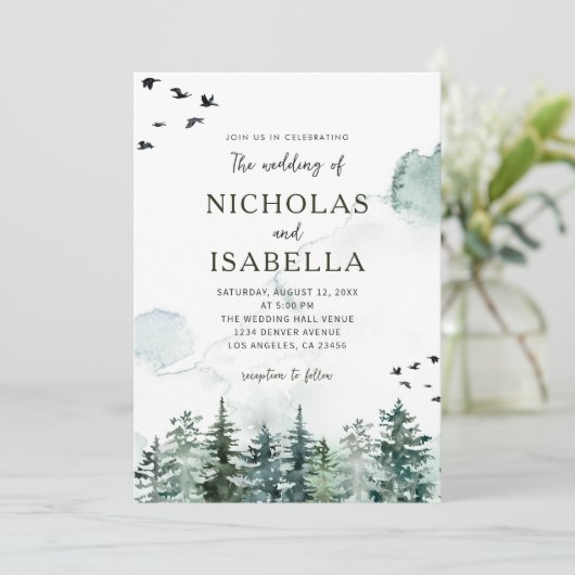 Groene Bos Pine Tree Waterverf Rustieke Bruiloft Kaart (Staand voorkant)