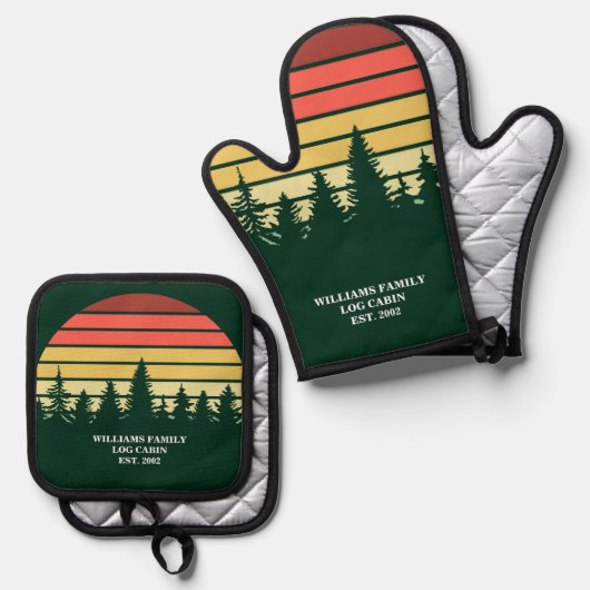Groene bos Sunset Log Cabin gepersonaliseerd Ovenwant & Pannenlap Set (Voorkant / Achterkant)