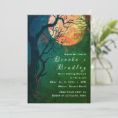 Groene Bos & Vuur‑Maan Gotische Bruiloft Kaart (Staand voorkant)