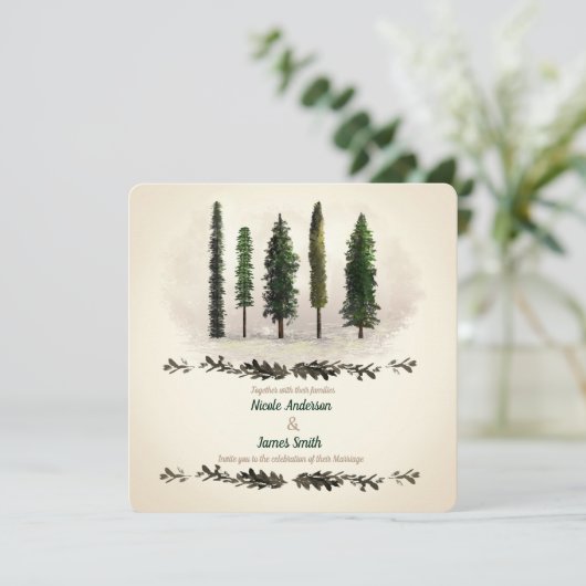  groene bosbomen rustieke houten bruiloft kaart (Staand voorkant)