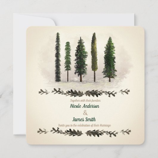 groene bosbomen rustieke houten bruiloft kaart (Voorkant)