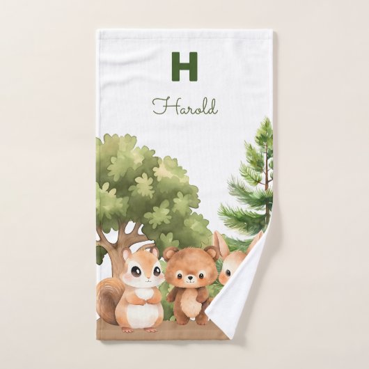 Groene bosdieren bosgrond monogram bad handdoek (Handdoek)