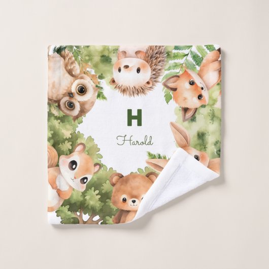 Groene bosdieren bosgrond monogram bad handdoek (Wasdoekje)