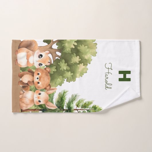 Groene bosdieren bosgrond monogram bad handdoek (Handdoek)
