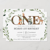 Groene bosdieren Hout EERSTE 1e Verjaardag Kaart (Voorkant / Achterkant)