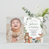 Groene bosdieren jongen 1e verjaardagsfoto kaart (Staand voorkant)