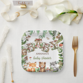 Groene Bosdieren Rustieke Boho Baby Shower Papieren Bordje