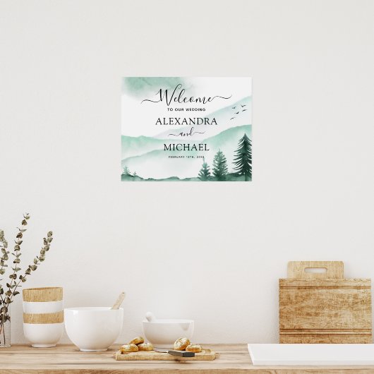 Groene bosgebergte Rustic Waterverf Wedding Poster (Keuken)