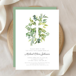 Groene Botanicals Kruis Religieuze Eerste Communie Kaart